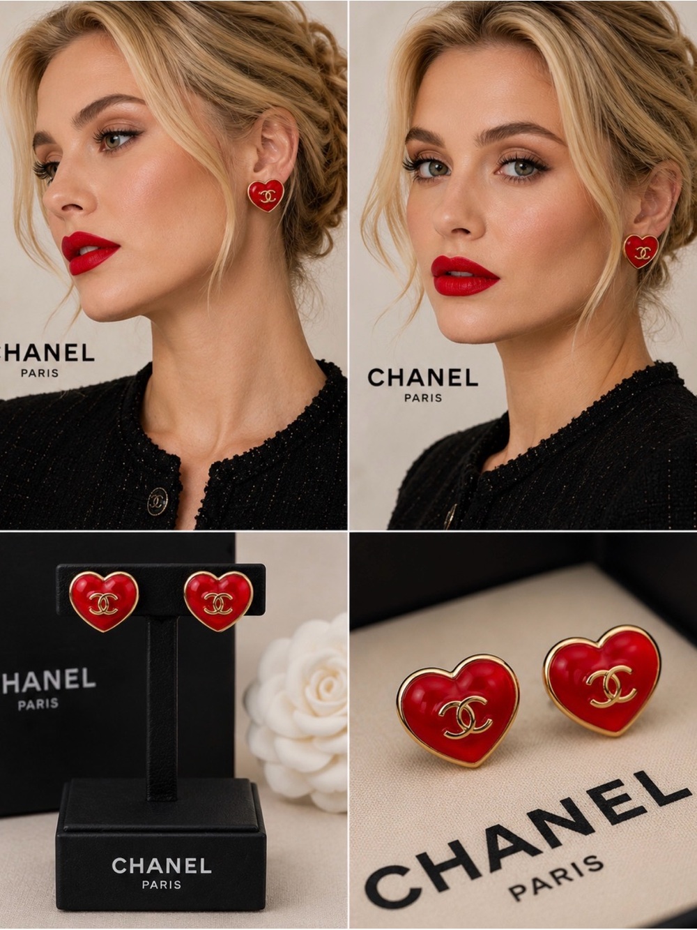 CHANEL Red Heart CC Logo Earrings with Gold Trim